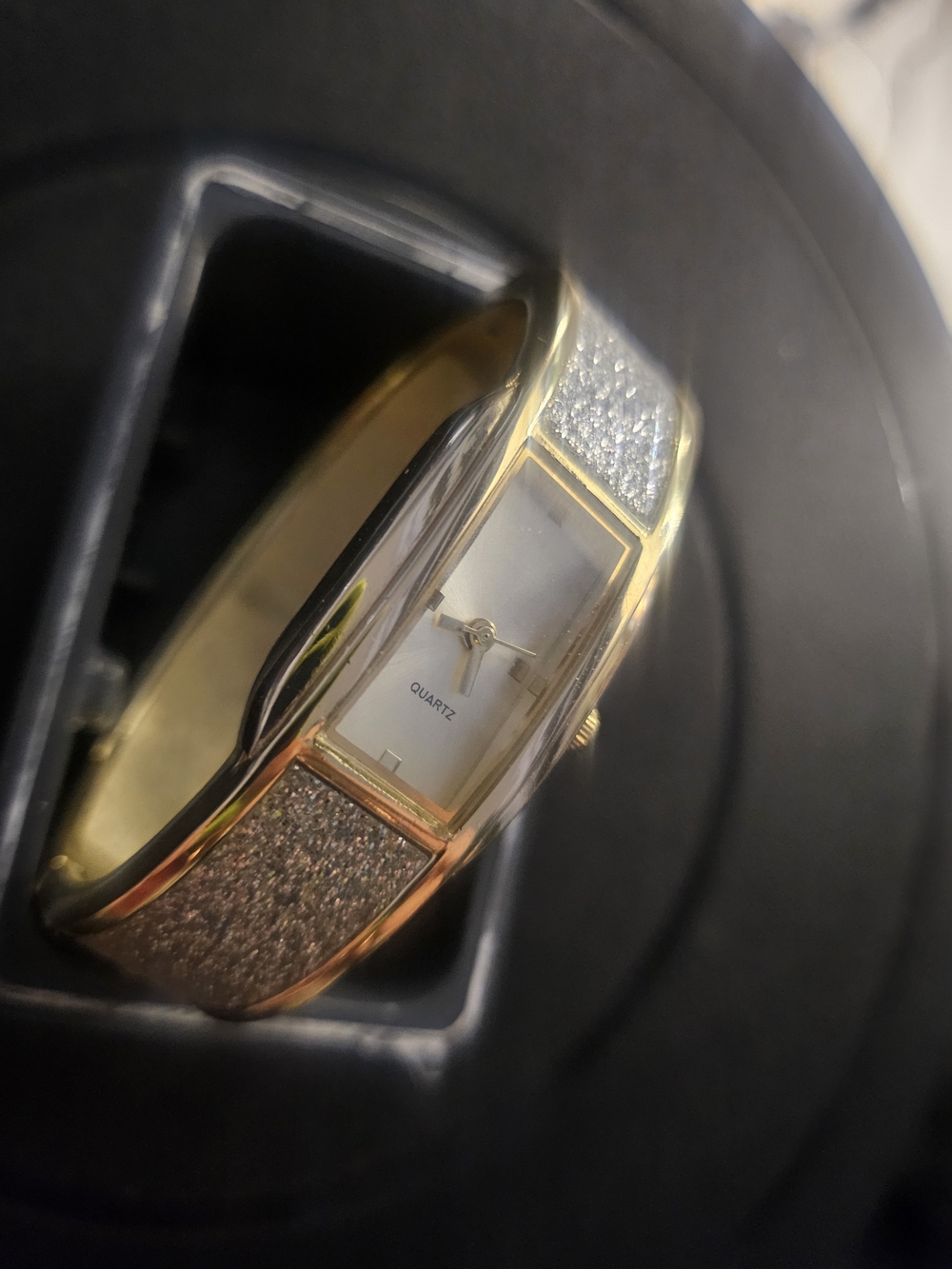 Gold Bangle Quartz Watch with Glitter Inset - Women Accessories